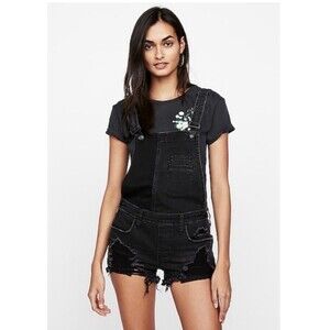 Express Women’s Black Distressed Denim Short Overalls Raw Hem Size 8